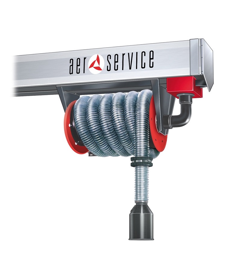 Product shot of AerService ARHC hose and reel set on sliding rail with AerService logo